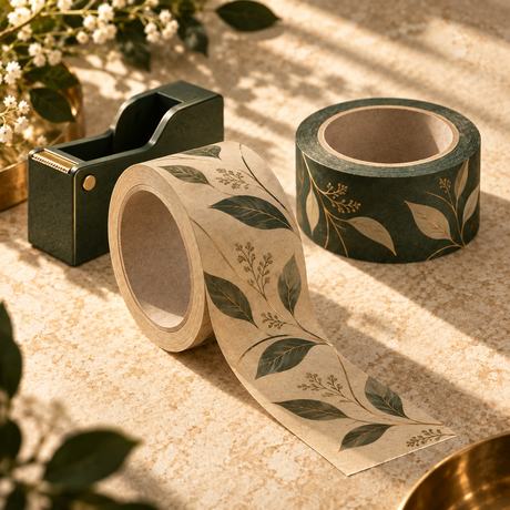 Two rolls of printed paper tape beside a tape dispenser