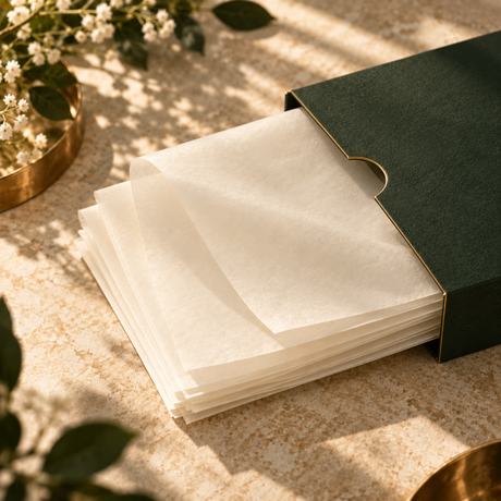A stack of printed translucent wrap sheets beside a green box