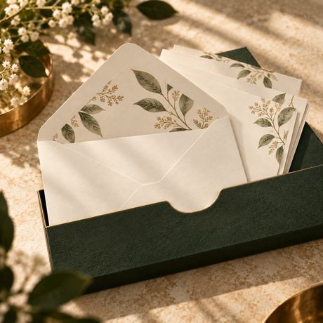 A lined envelope and printed cards in a shallow green box