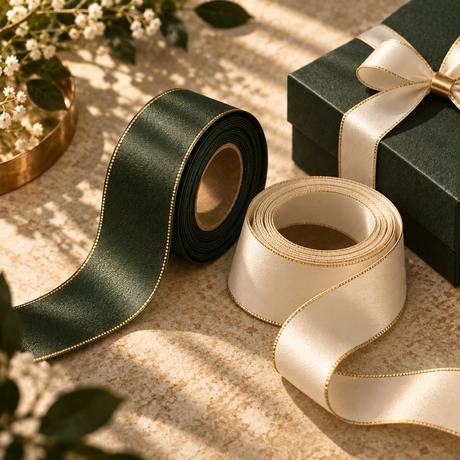 Green and cream printed satin ribbon beside a box tied with a bow