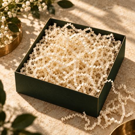 A green tray filled with crinkle-cut paper fill