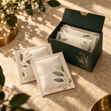 Printed silica gel sachets beside the box they ship in