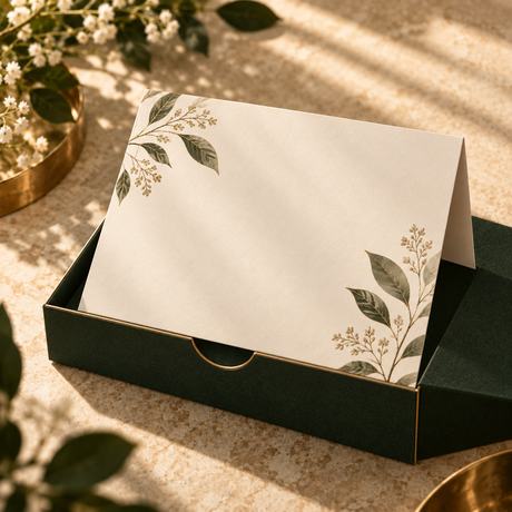 A folded thank you card standing in its box