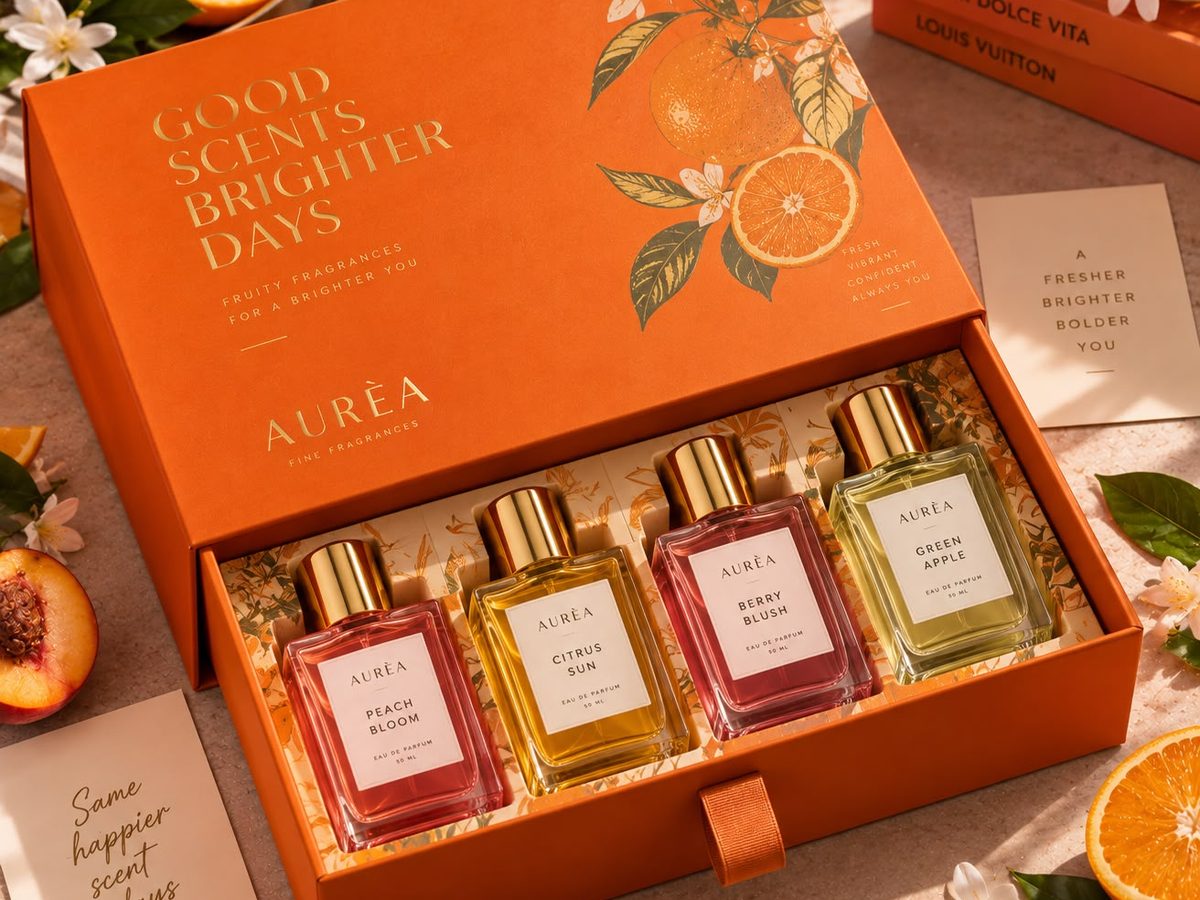A foiled drawer box of fragrances