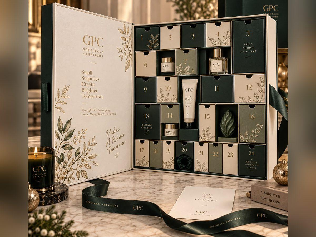 Book-style advent box opened to show numbered compartments