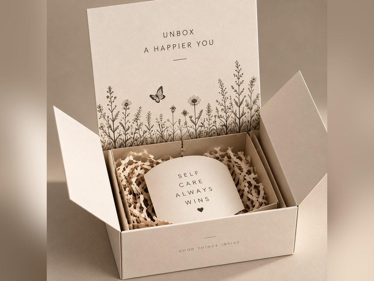 Corporate gift box with a printed inner lid and paper fill