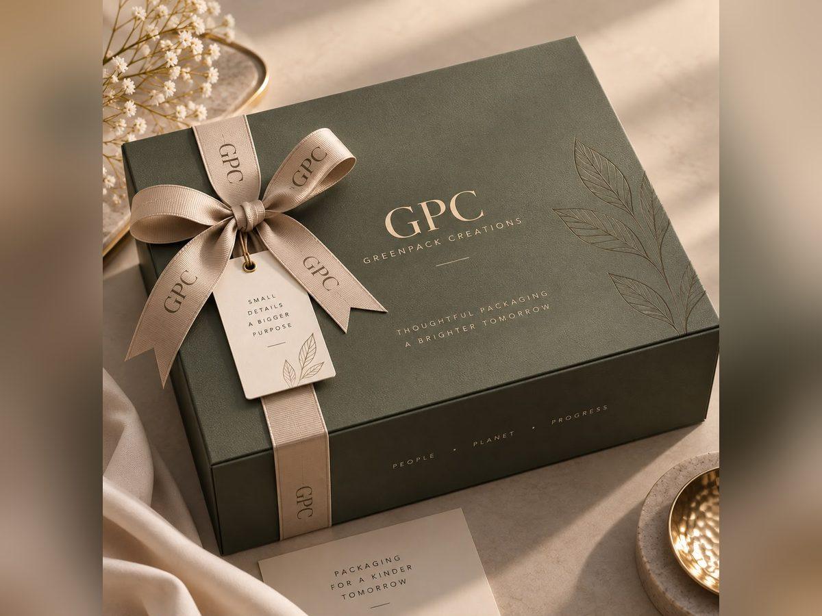 Green rigid gift box tied with a printed ribbon and swing tag