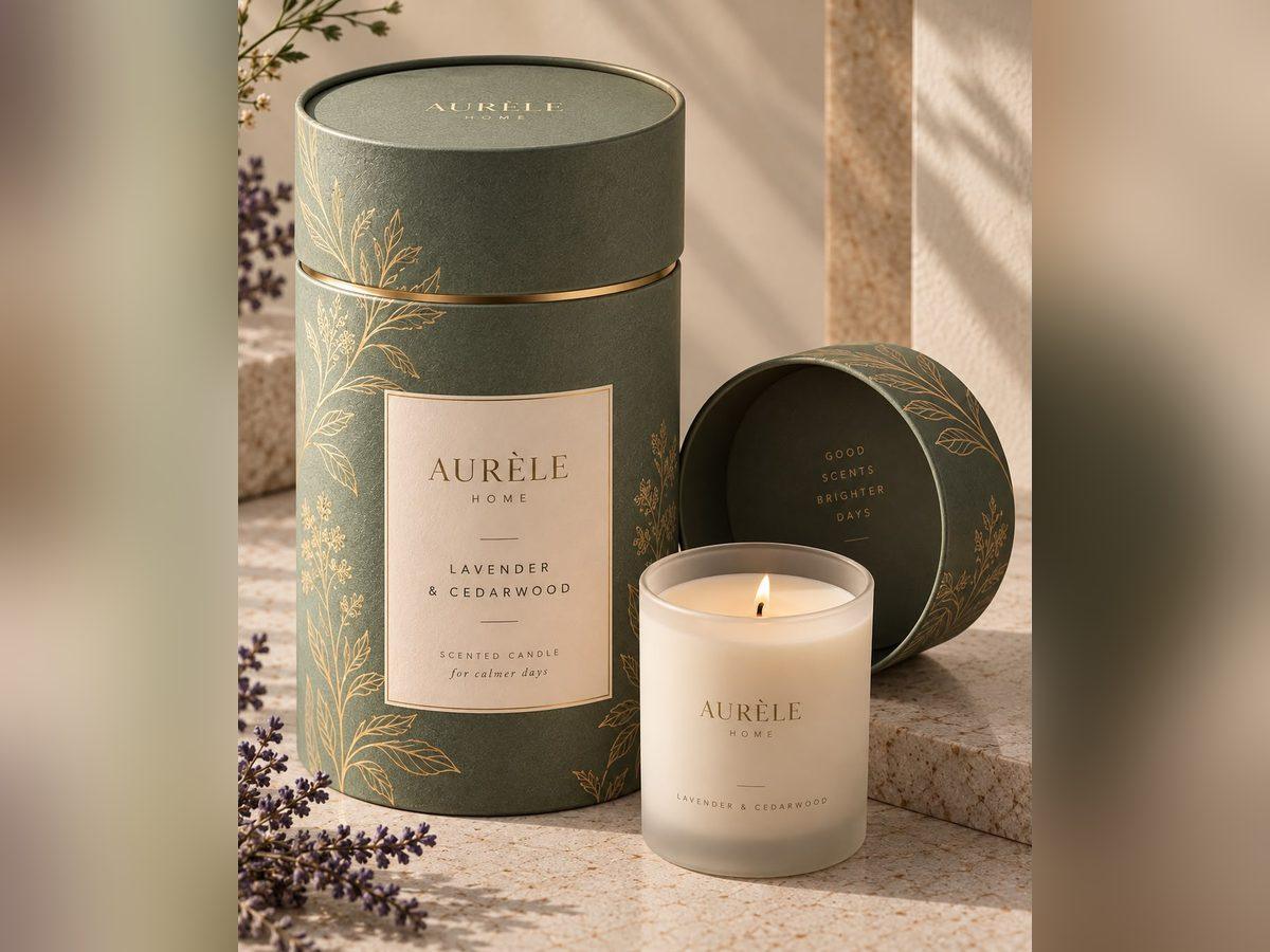 Round paperboard tube box with its lid off, beside a candle