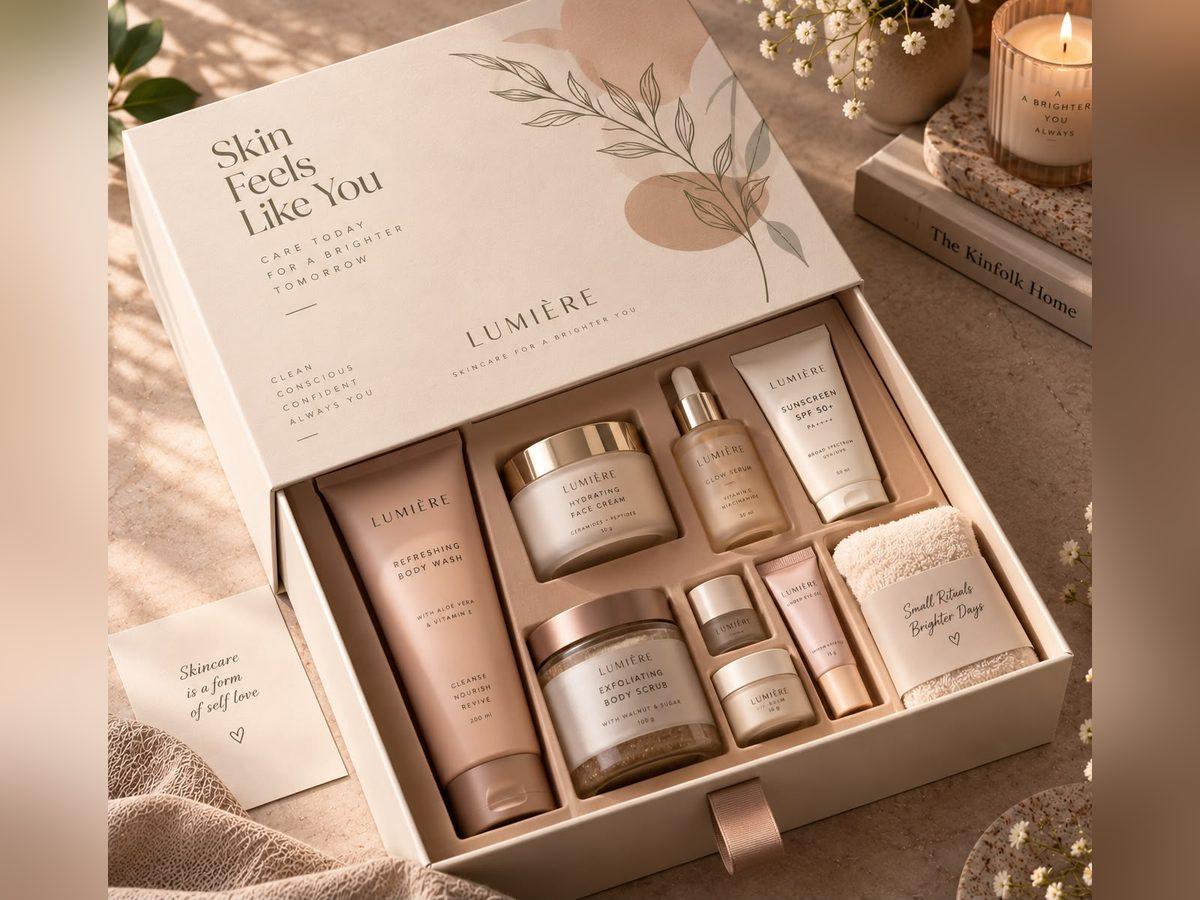 Drawer box in blush board holding a skincare set in its tray