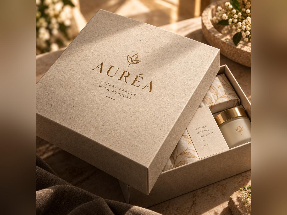 Textured cream drawer box with a foil logo, drawer partly open