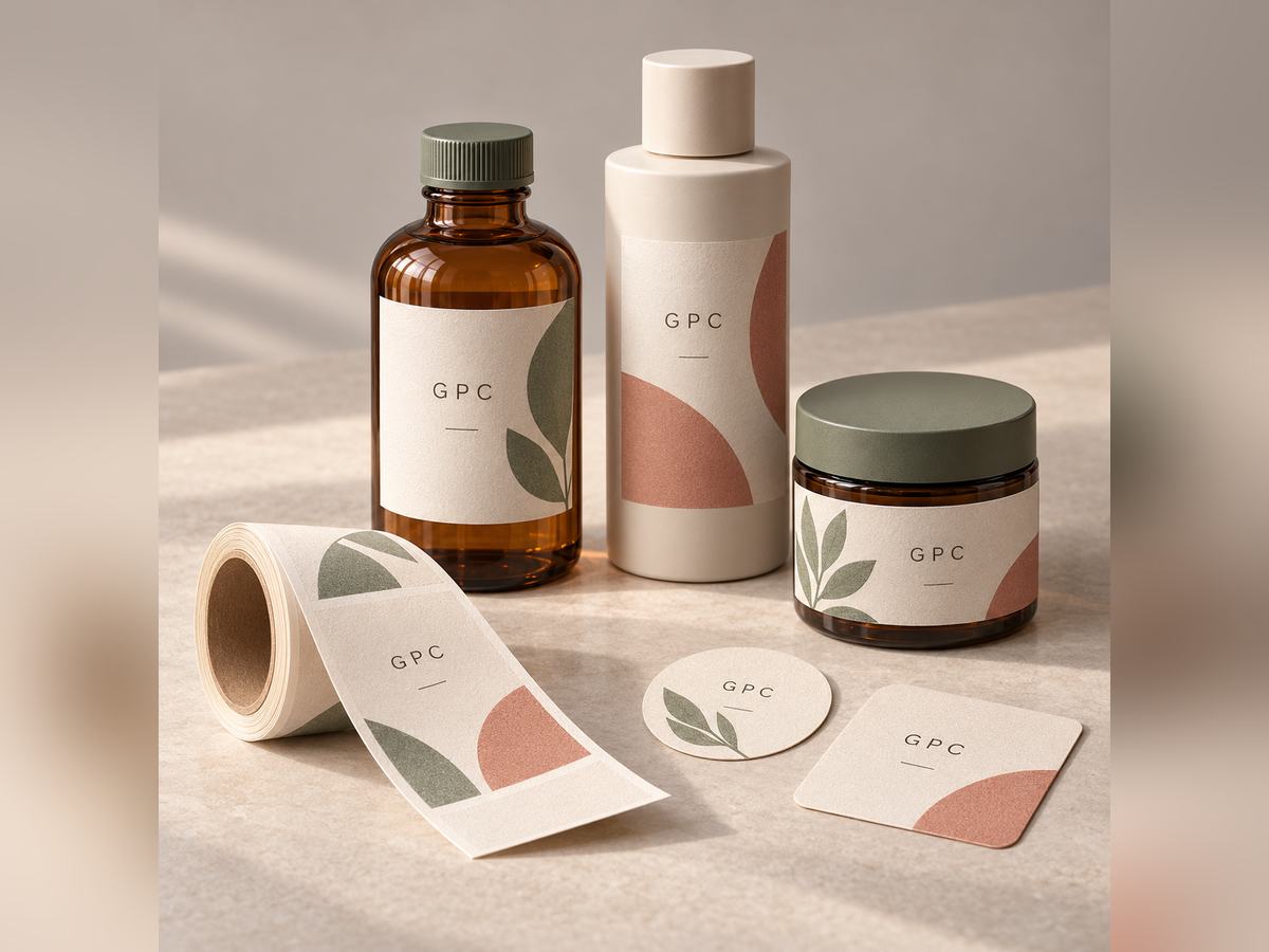Roll of printed labels beside labelled bottles and jars