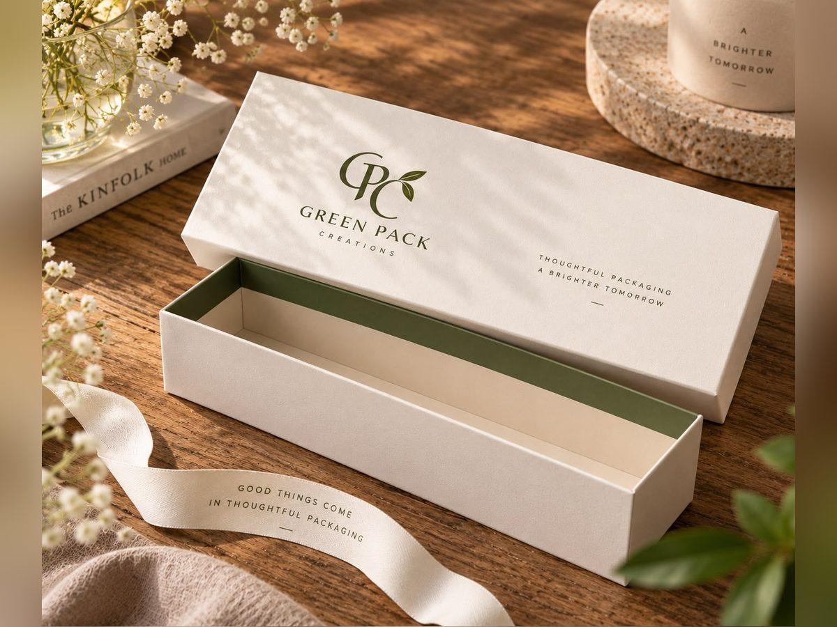 Cream lid and base rigid box with a sage interior, lid set beside the base