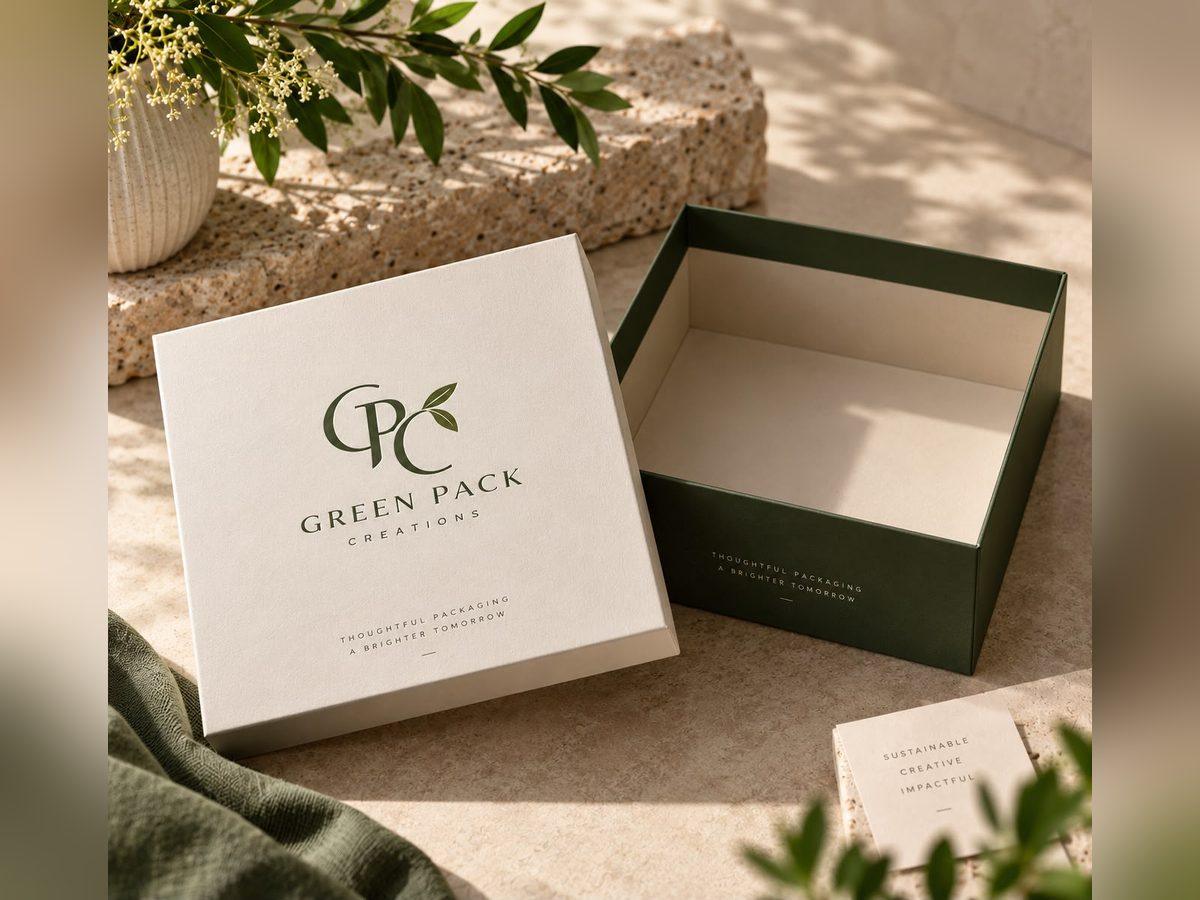 Cream lid and base rigid box beside its sage base on a stone surface