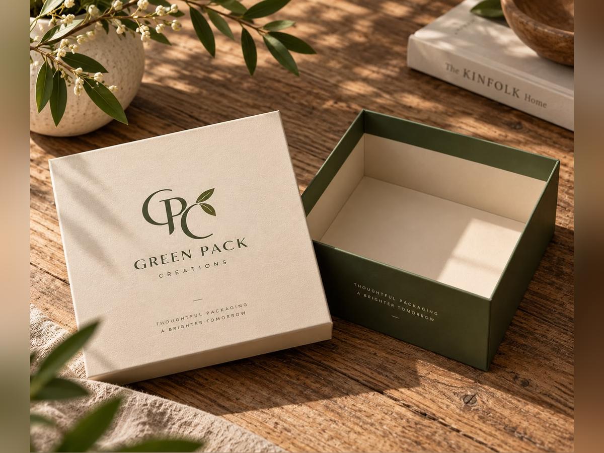 Cream lid and olive base rigid box on a wooden table