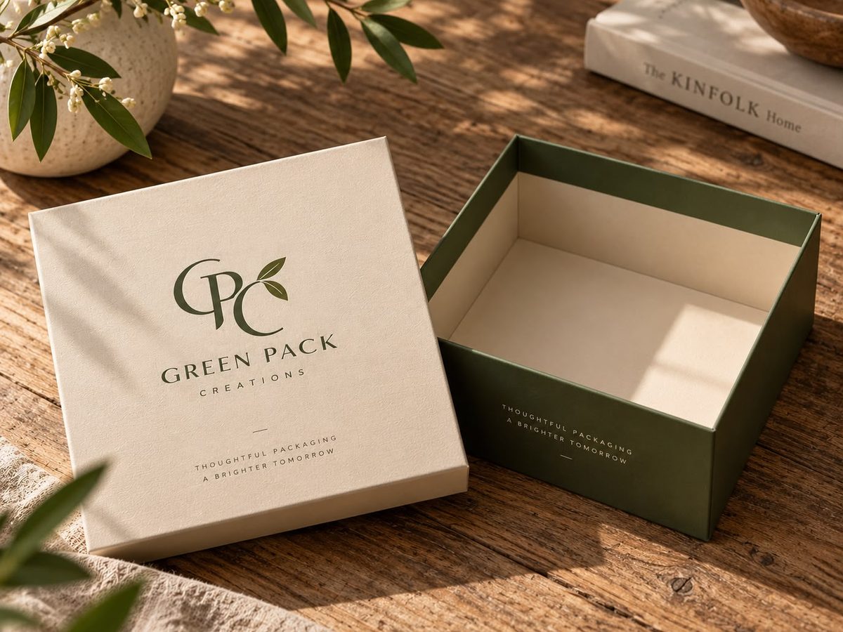 Cream rigid lid and base gift box by Green Pack Creations, lid lifted to show the base tray