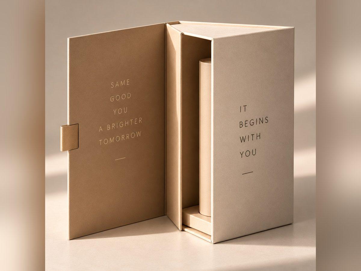 Luxury perfume presentation box with a hinged printed lid