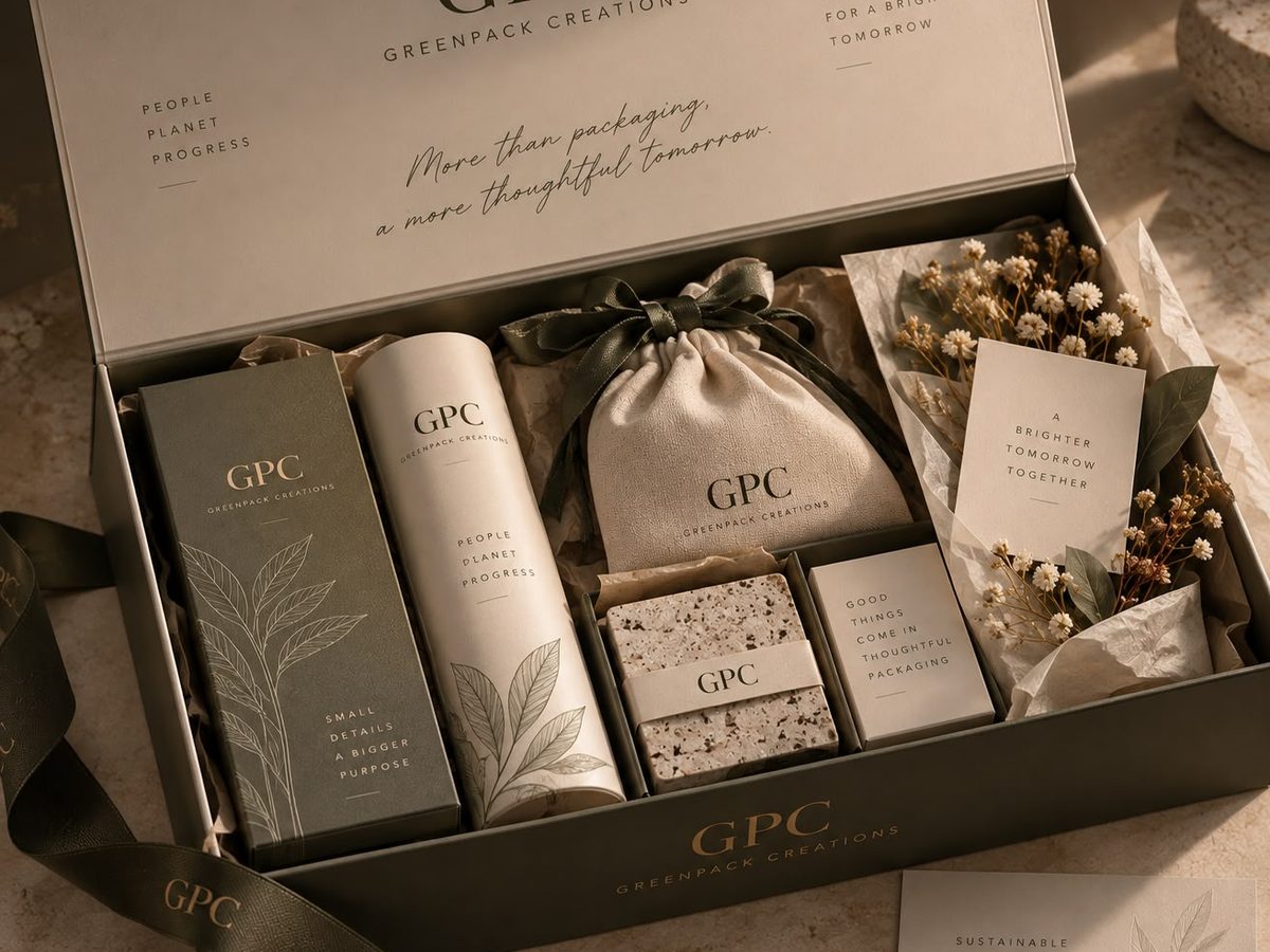 Petal-fold luxury gift box closed with a printed seal