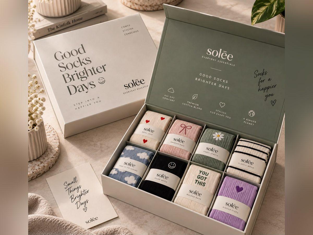 Magnetic closure box holding a set of printed socks