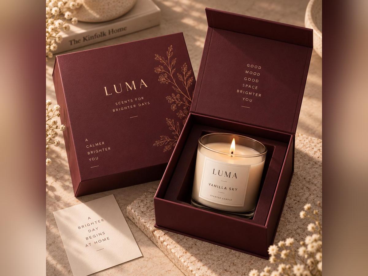 Burgundy magnetic closure candle box, lid open to show the candle