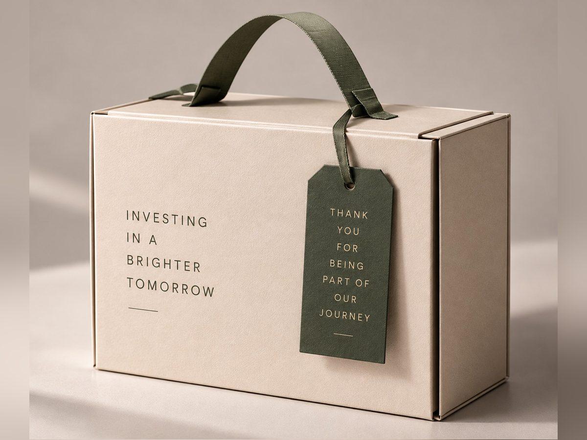 Printed corrugated mailer box with a ribbon carry handle and swing tag