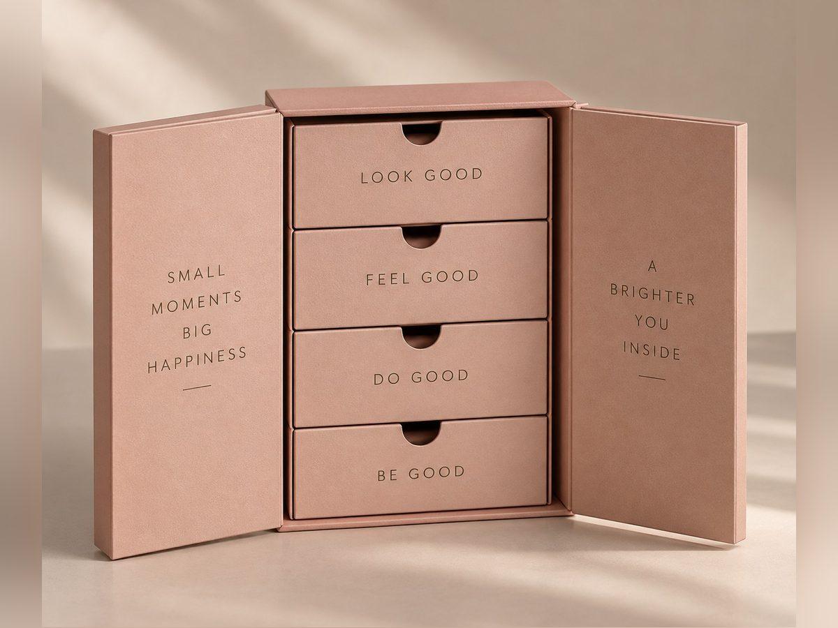 Influencer kit box with drawers of samples and printed cards