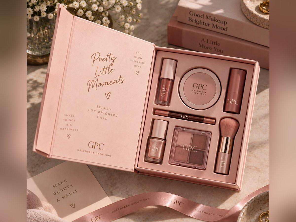 Pink PR kit box opened to show a beauty set in fitted compartments