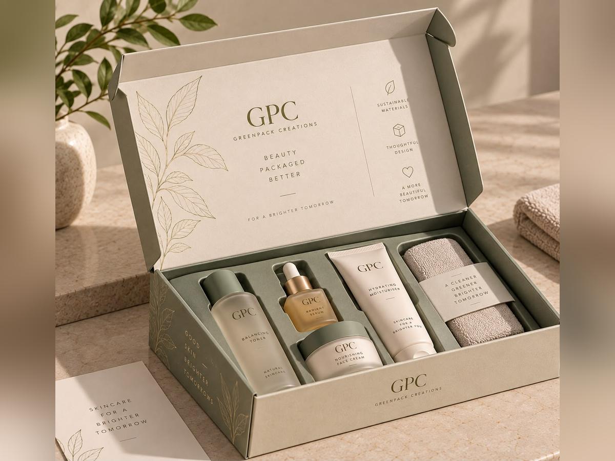 Green PR kit box with a skincare set laid in a printed tray