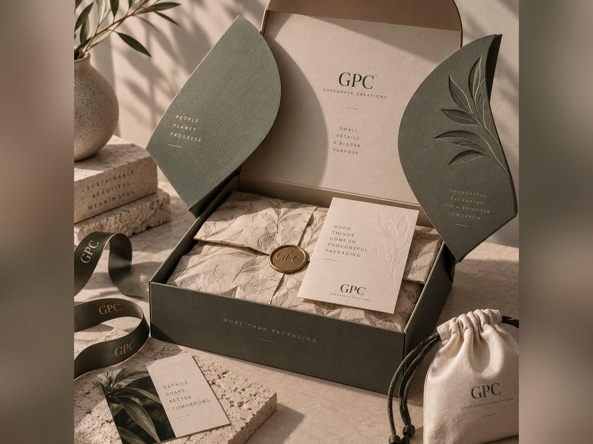PR kit box laid out with product, cards and printed trims