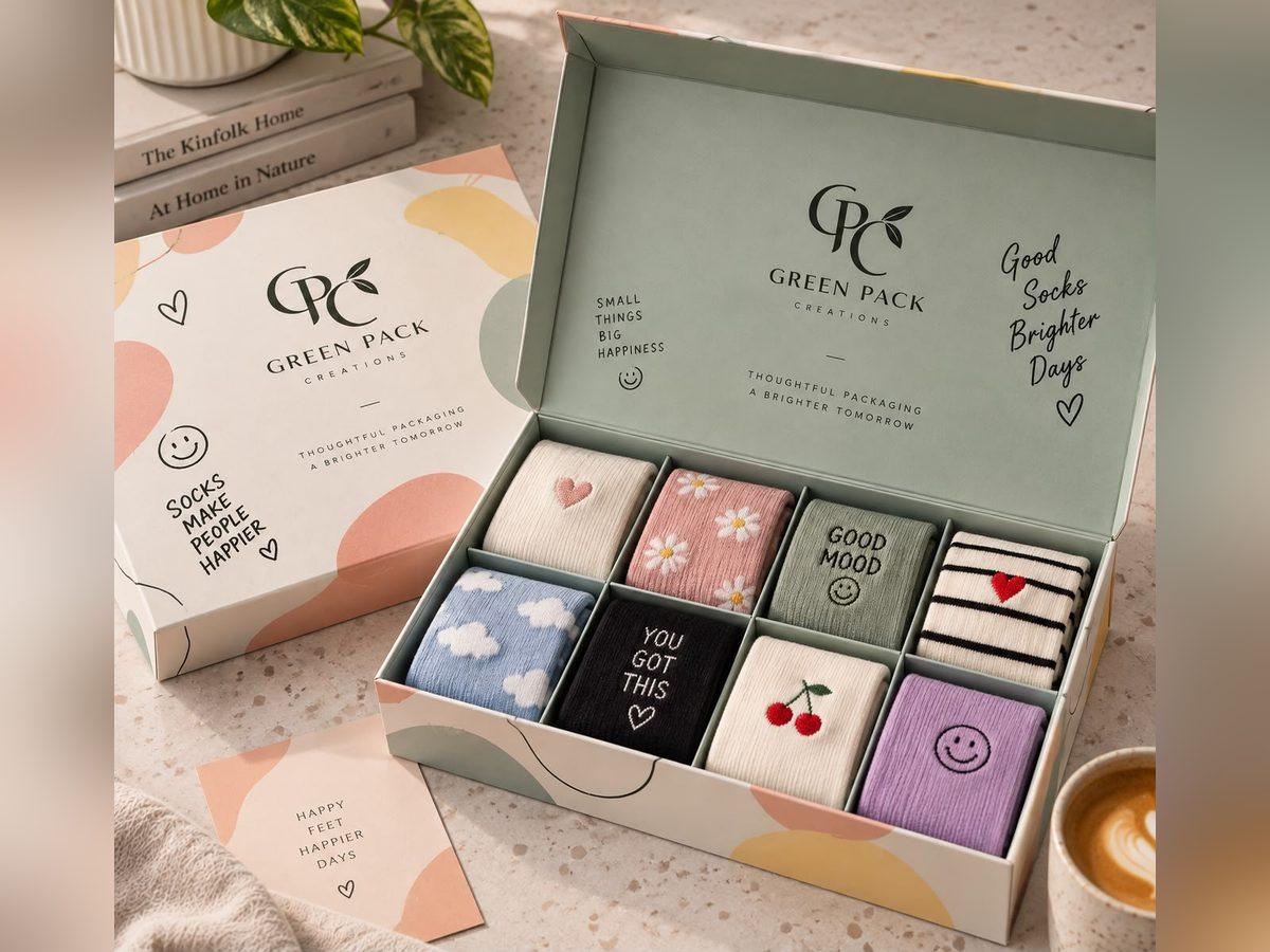 Rigid box with folding carton compartments holding printed socks