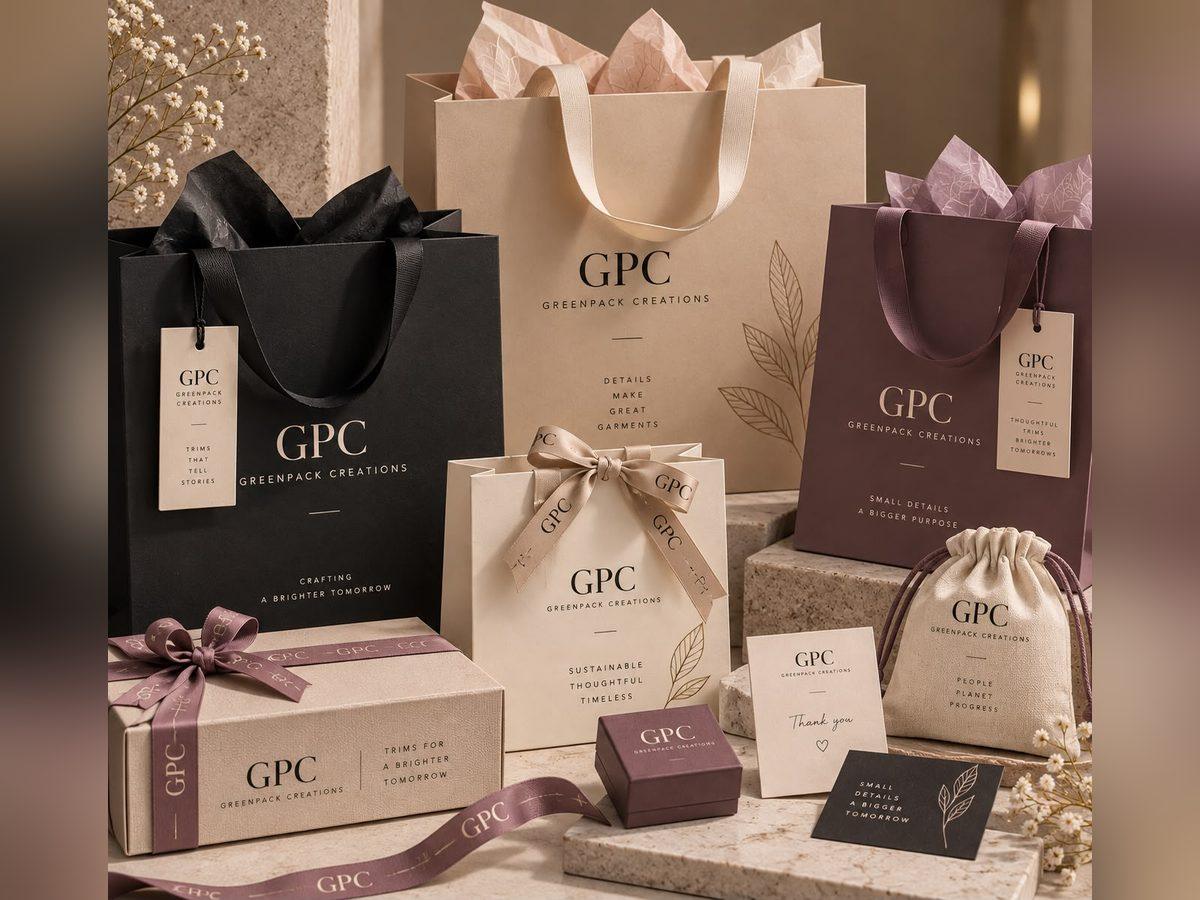 A range of printed paper gift bags with ribbons and swing tags