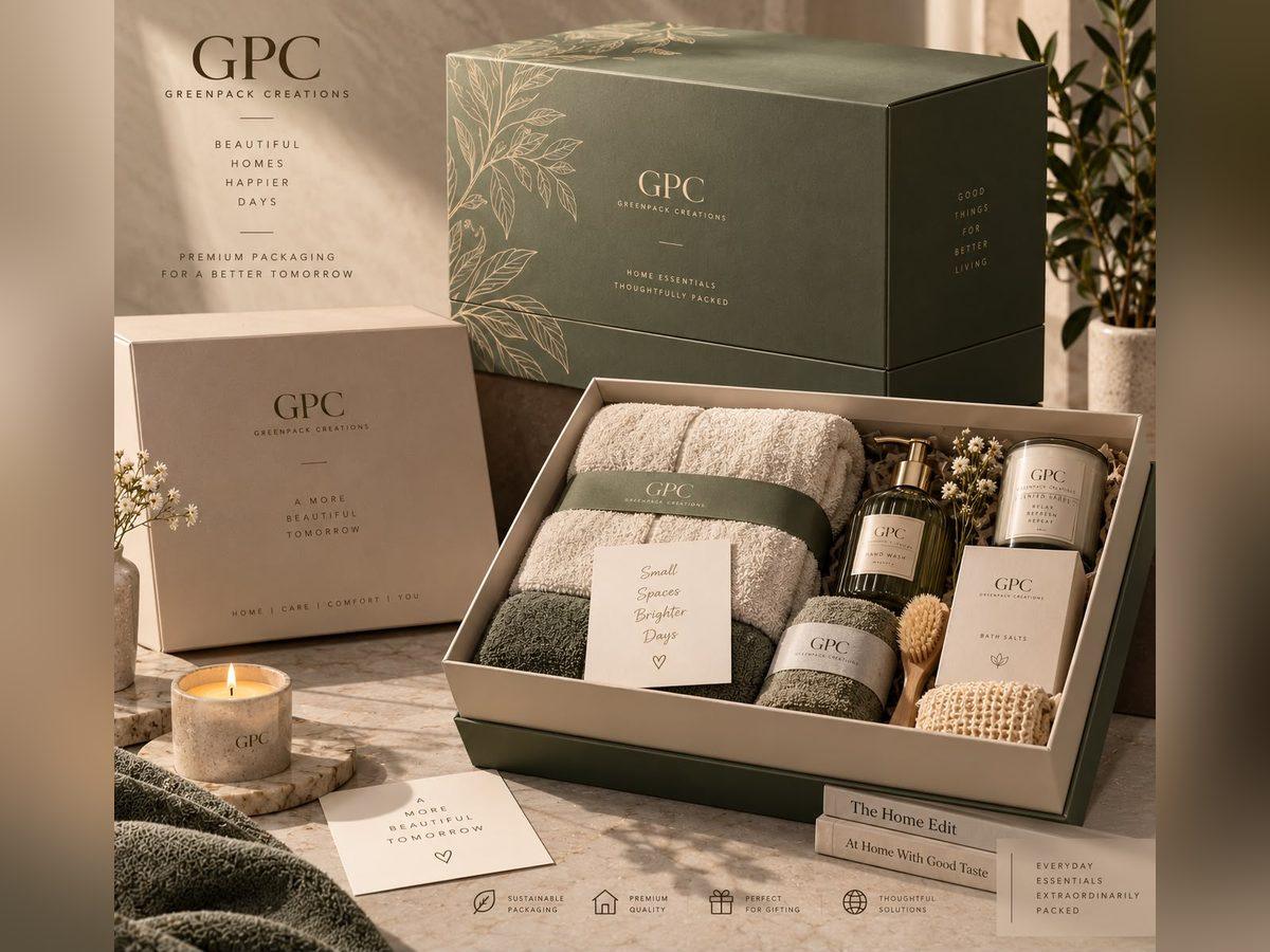 Shoulder and neck gift box holding a folded towel set