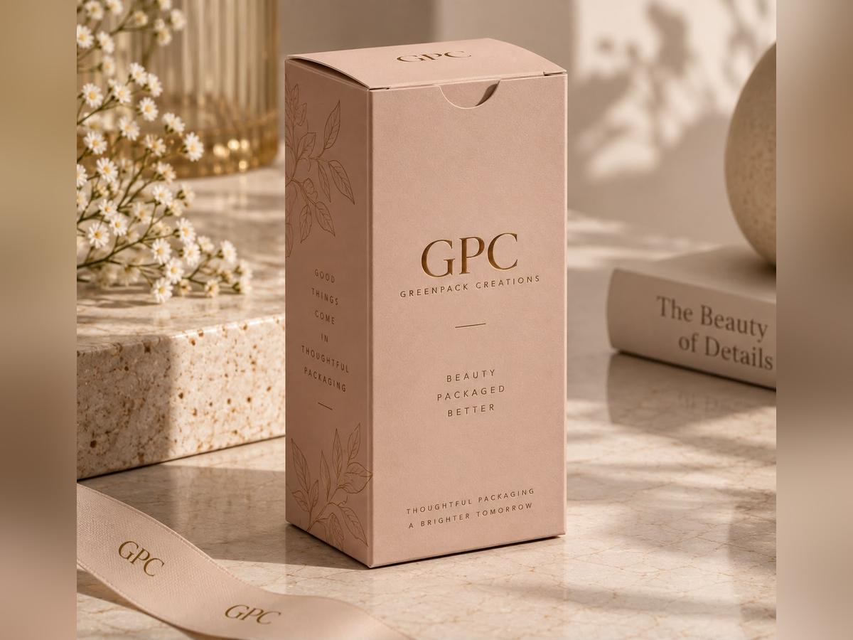 Tall printed straight tuck end carton on a stone plinth