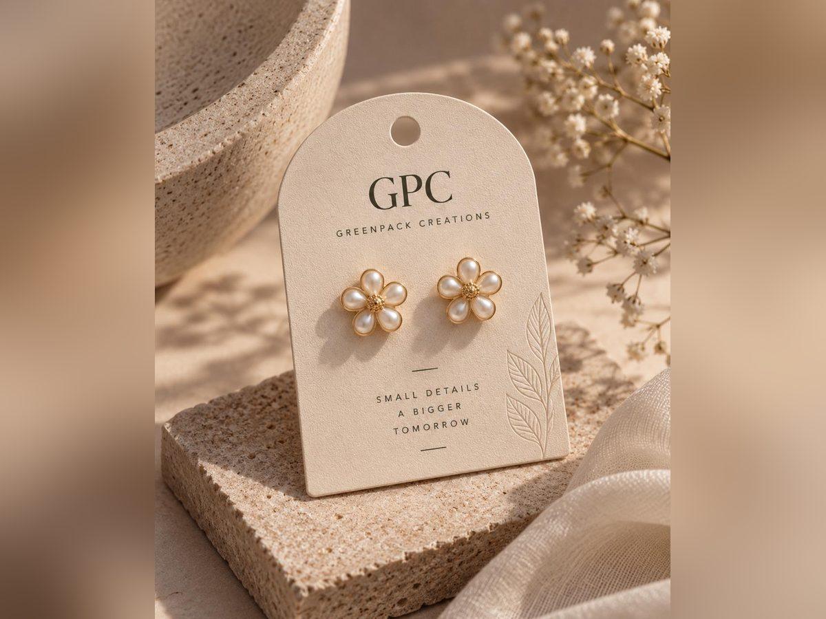 Printed jewellery card holding a pair of earrings
