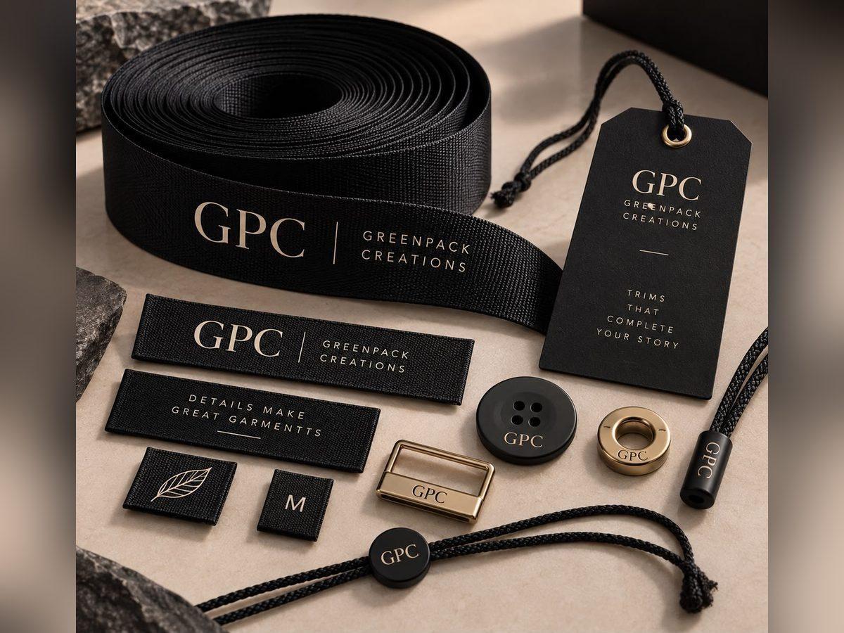 Printed satin ribbons, woven labels and branded trims laid out together