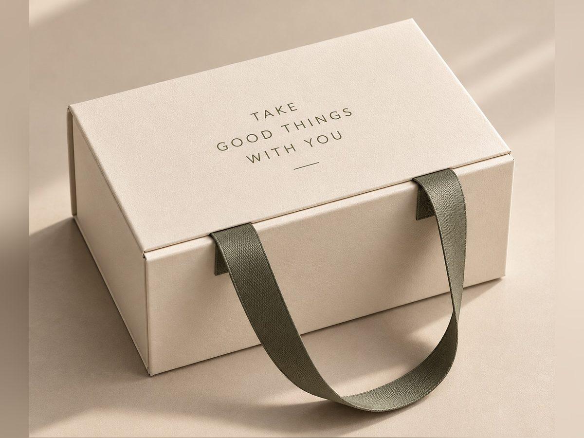 Two-piece shoe box in cream board with a ribbon pull