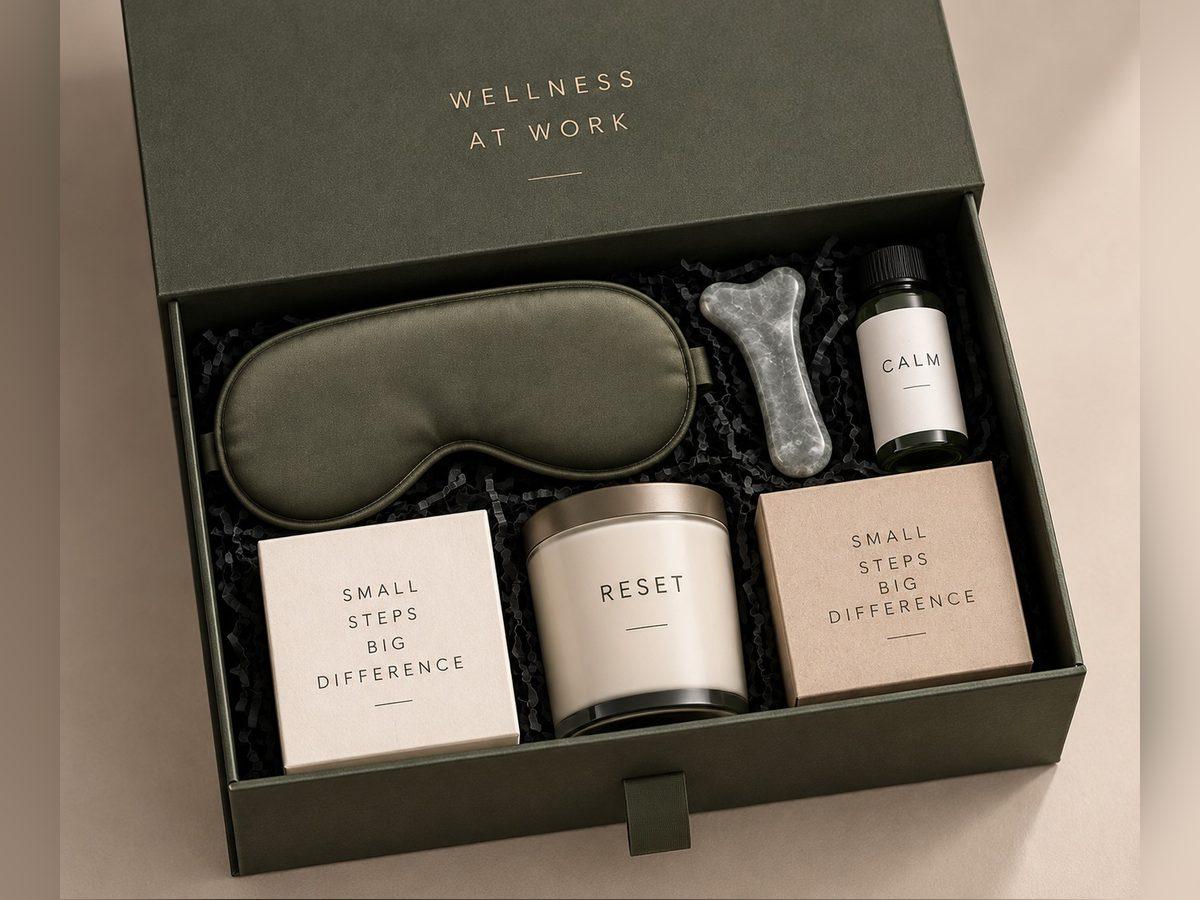 Two-piece lidded box holding a wellness set in printed compartments