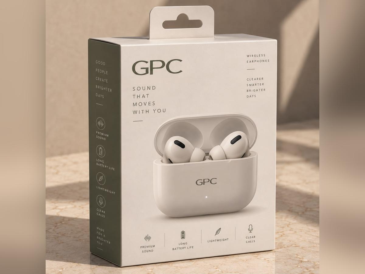 Window carton with a hang tab, wireless earbuds visible through the aperture