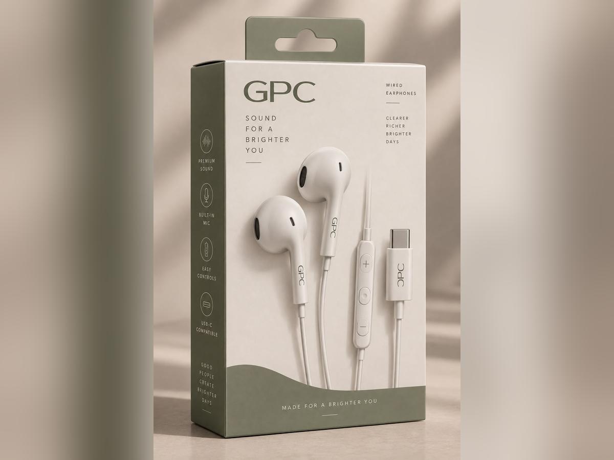 Hanging window carton showing wired earphones