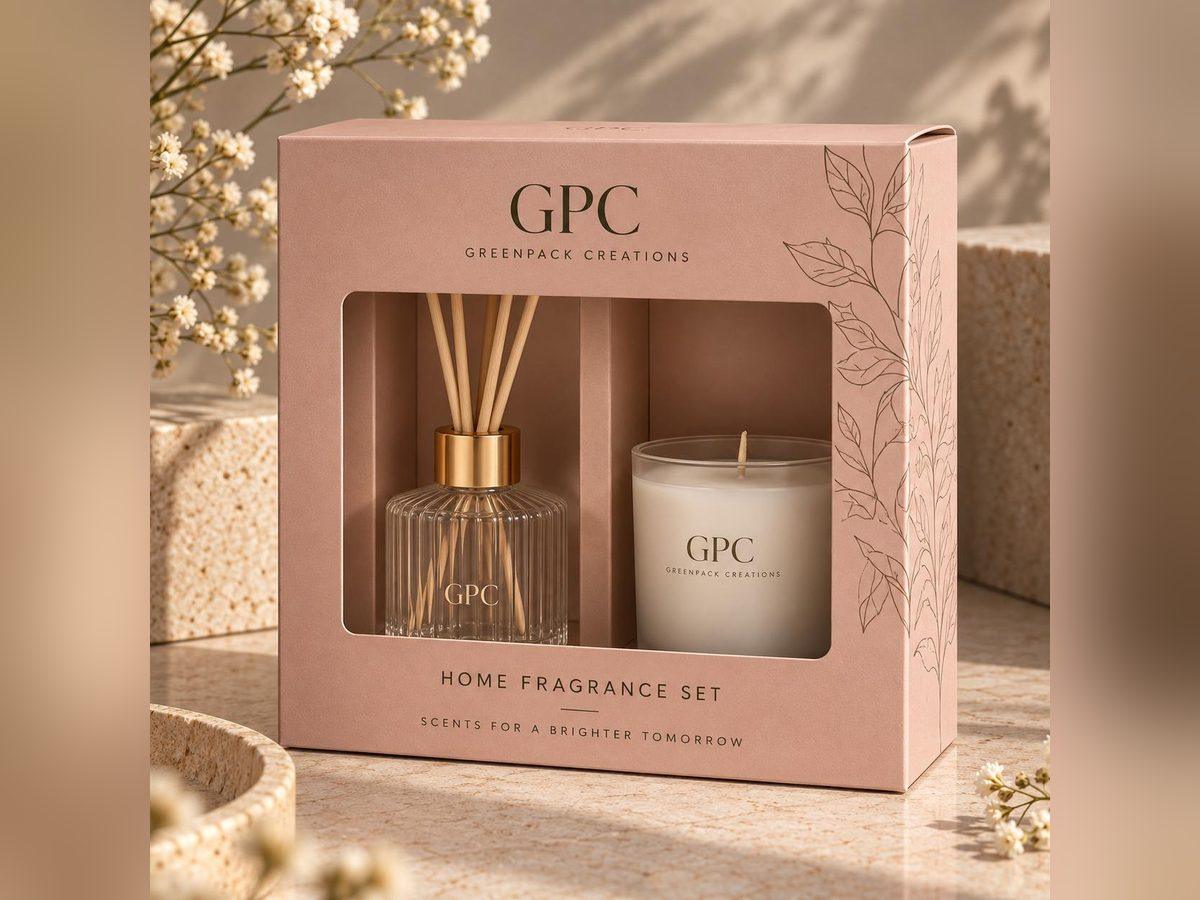 Window patched carton showing a home fragrance set through the aperture