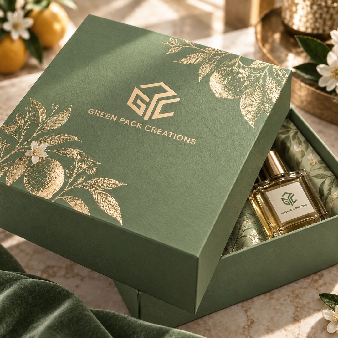 Green Pack Creations rigid box in sage, printed with metallic gold botanicals and logo