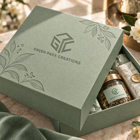 Green Pack Creations rigid box in sage with the logo and foliage debossed into the board