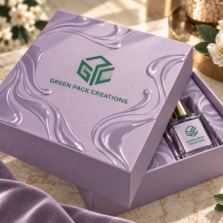 Green Pack Creations rigid box in lilac with poured drip UV swirls across the lid