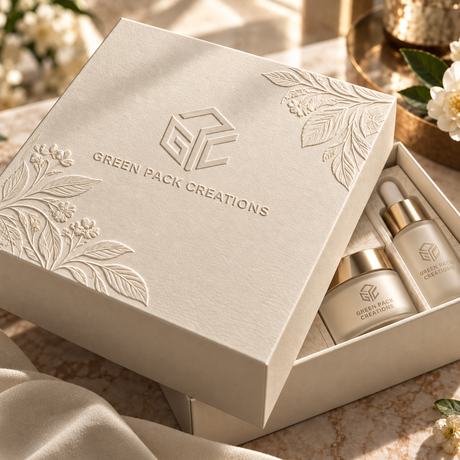 Green Pack Creations rigid box in cream with the logo and botanicals blind embossed, no ink