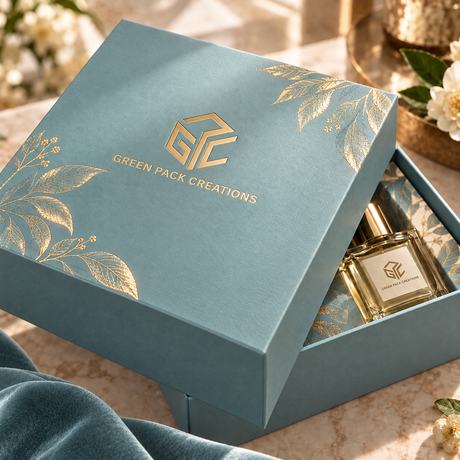 Green Pack Creations rigid box in teal with the logo and leaves foil-stamped in gold