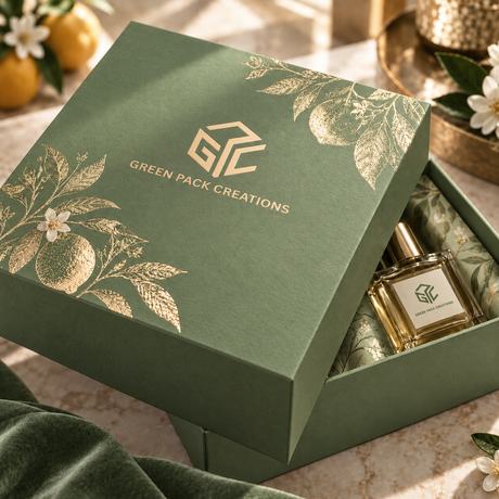 Green Pack Creations rigid box in sage, printed with metallic gold botanicals and logo