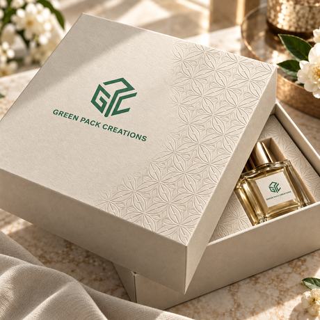 Green Pack Creations rigid box in stone with a fine micro-embossed geometric pattern