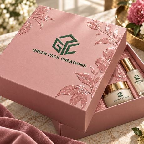 Green Pack Creations rigid box in blush with raised gloss UV leaves standing off the surface