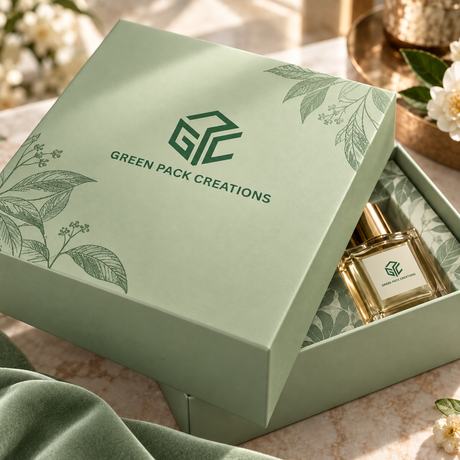 Green Pack Creations rigid box in soft green with a soft-touch laminated surface