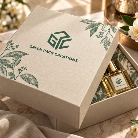 Green Pack Creations rigid box wrapped in textured linen paper with green botanical print