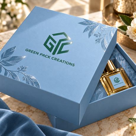 Green Pack Creations rigid box in blue with spot UV foliage catching the light on a matte ground